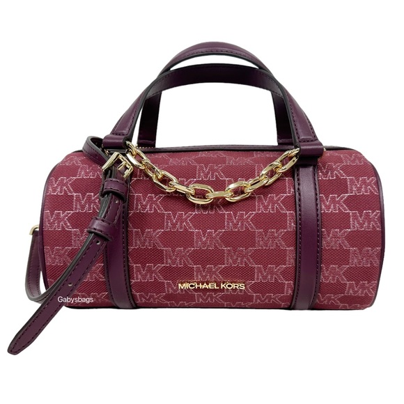 Michael Kors Zooey Barrel Medium Messenger Crossbody Bag Mulberry MK Jacquard - Picture 3 of 7
